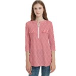 A Red And White Background With A Pattern Women s Zip Front V-Neck 3/4 Sleeve Casual Top Pocket Shirt