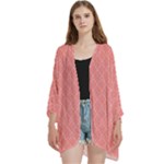 A Red And White Background With A Pattern Open Front 3/4 Sleeve Batwing Chiffon Cardigan Kimono