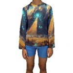 Mystic Blue Pyramid Art Kids  Long Sleeve Swimwear