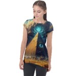 Mystic Blue Pyramid Art Cap Sleeve High Low Top