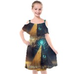 Mystic Blue Pyramid Art Kids  Cut Out Shoulders Chiffon Dress