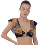 Mystic Blue Pyramid Art Plunge Frill Sleeve Bikini Top