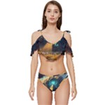 Mystic Blue Pyramid Art Ruffle Edge Tie Up Bikini Set	