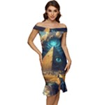 Mystic Blue Pyramid Art Off Shoulder Ruffle Split Hem Bodycon Dress