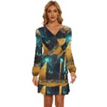 Mystic Blue Pyramid Art Long Sleeve Waist Tie Ruffle Velvet Dress