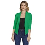 A Green Background With A White Border Women s Draped Front 3/4 Sleeve Shawl Collar Jacket