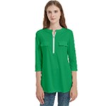 A Green Background With A White Border Women s Zip Front V-Neck 3/4 Sleeve Casual Top Pocket Shirt