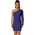 A Blue Background With A Clock On It Long Sleeve One Shoulder Mini Dress