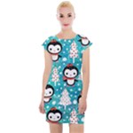 Blue Penguin Pattern, Adoxali, Christmas, Cute Cap Sleeve Bodycon Dress