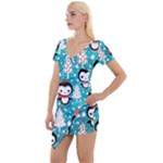 Blue Penguin Pattern, Adoxali, Christmas, Cute Short Sleeve Asymmetric Mini Dress