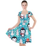 Blue Penguin Pattern, Adoxali, Christmas, Cute Cap Sleeve Midi Dress With Pockets