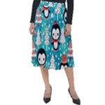 Blue Penguin Pattern, Adoxali, Christmas, Cute Classic Velour Midi Skirt 