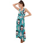 Blue Penguin Pattern, Adoxali, Christmas, Cute V-Neck Chiffon Maxi Dress