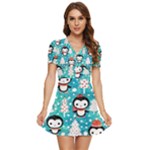 Blue Penguin Pattern, Adoxali, Christmas, Cute V-Neck High Waist Chiffon Mini Dress