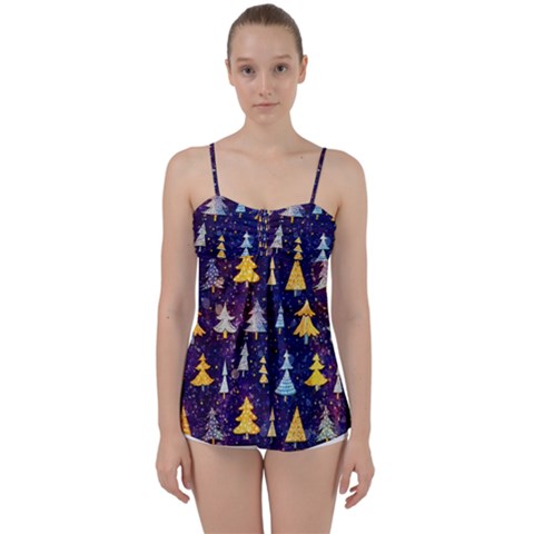 Gold And Blue Trees, Adoxali, Christmas Babydoll Tankini Top from ArtsNow.com