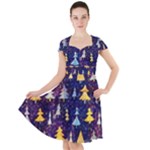 Gold And Blue Trees, Adoxali, Christmas Cap Sleeve Midi Dress With Pockets