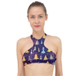 Gold And Blue Trees, Adoxali, Christmas High Neck Bikini Top