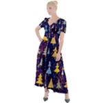 Gold And Blue Trees, Adoxali, Christmas Button Up Short Sleeve Maxi Dress