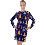 Gold And Blue Trees, Adoxali, Christmas Long Sleeve Hoodie Dress