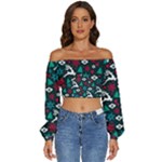 Holiday Season Pattern Long Sleeve Crinkled Weave Crop Top