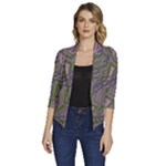 Vibrant Collage Vibes Print Women s Draped Front 3/4 Sleeve Shawl Collar Jacket