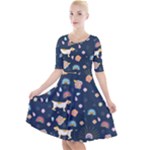 Dogs Quarter Sleeve A-Line Dress With Pockets