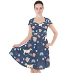 Dogs Cap Sleeve Midi Dress With Pockets