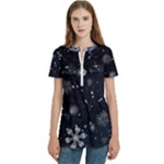 Snowflakes Snow Snowfall Snowing Women s Zip Front V-Neck Short Sleeve Casual Top Pocket Shirt