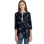 Snowflakes Snow Snowfall Snowing Women s Zip Front V-Neck 3/4 Sleeve Casual Top Pocket Shirt