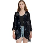 Snowflakes Snow Snowfall Snowing Open Front 3/4 Sleeve Batwing Chiffon Cardigan Kimono