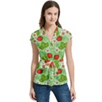 Strawberries Pattern Seamless Women s Cap Sleeve Mandarin Collar Waist Tie Blouse