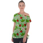 Strawberries Pattern Seamless Off Shoulder Tie-Up T-Shirt