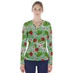 Strawberries Pattern Seamless V-Neck Long Sleeve Top