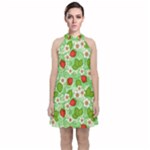 Strawberries Pattern Seamless Velvet Halter Neckline Dress 