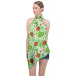 Strawberries Pattern Seamless Halter Asymmetric Satin Top