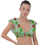 Strawberries Pattern Seamless Plunge Frill Sleeve Bikini Top