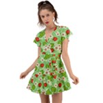 Strawberries Pattern Seamless Flutter Sleeve Wrap Dress