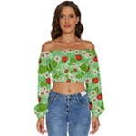 Strawberries Pattern Seamless Long Sleeve Crinkled Weave Crop Top