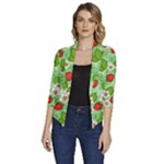 Strawberries Pattern Seamless Women s Draped Front 3/4 Sleeve Shawl Collar Jacket