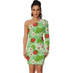 Strawberries Pattern Seamless Long Sleeve One Shoulder Mini Dress