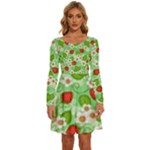 Strawberries Pattern Seamless Long Sleeve Wide Neck Velvet Dress