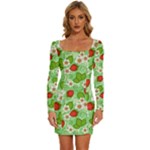 Strawberries Pattern Seamless Long Sleeve Square Neck Bodycon Velvet Dress