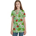 Strawberries Pattern Seamless Women s Zip Front V-Neck Short Sleeve Casual Top Pocket Shirt