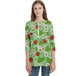 Strawberries Pattern Seamless Women s Zip Front V-Neck 3/4 Sleeve Casual Top Pocket Shirt