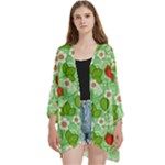 Strawberries Pattern Seamless Open Front 3/4 Sleeve Batwing Chiffon Cardigan Kimono