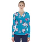 Birtay Cats Bunnies, Koteto V-Neck Long Sleeve Top