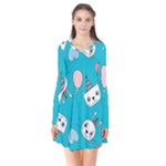 Birtay Cats Bunnies, Koteto Long Sleeve V-neck Flare Dress