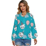 Birtay Cats Bunnies, Koteto Women s Long Sleeve Button Up Shirt