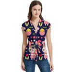 Bunny - Easter Pattern Women s Cap Sleeve Mandarin Collar Waist Tie Blouse