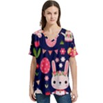 Bunny - Easter Pattern V-Neck Split Shoulder Casual T-Shirt